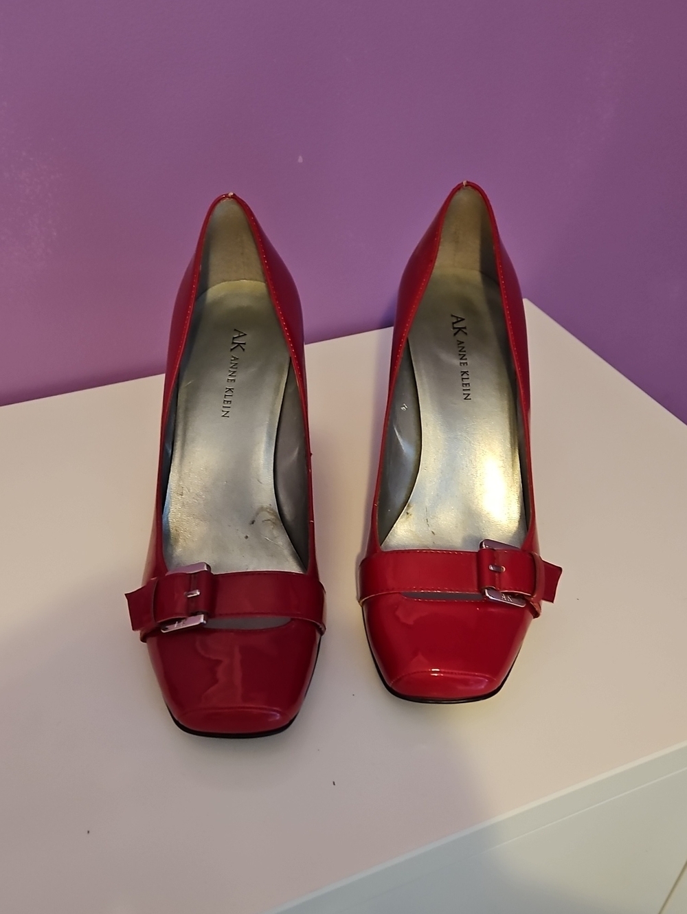 Anne Klein Red Patent Buckle Pumps